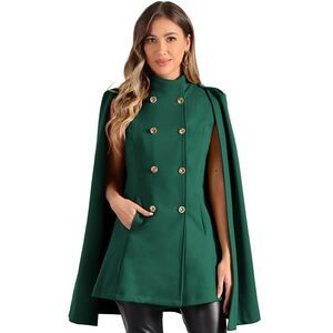 Cape Coats Winter Slit Sleeve Double Breasted Cloak Coat Dark Green